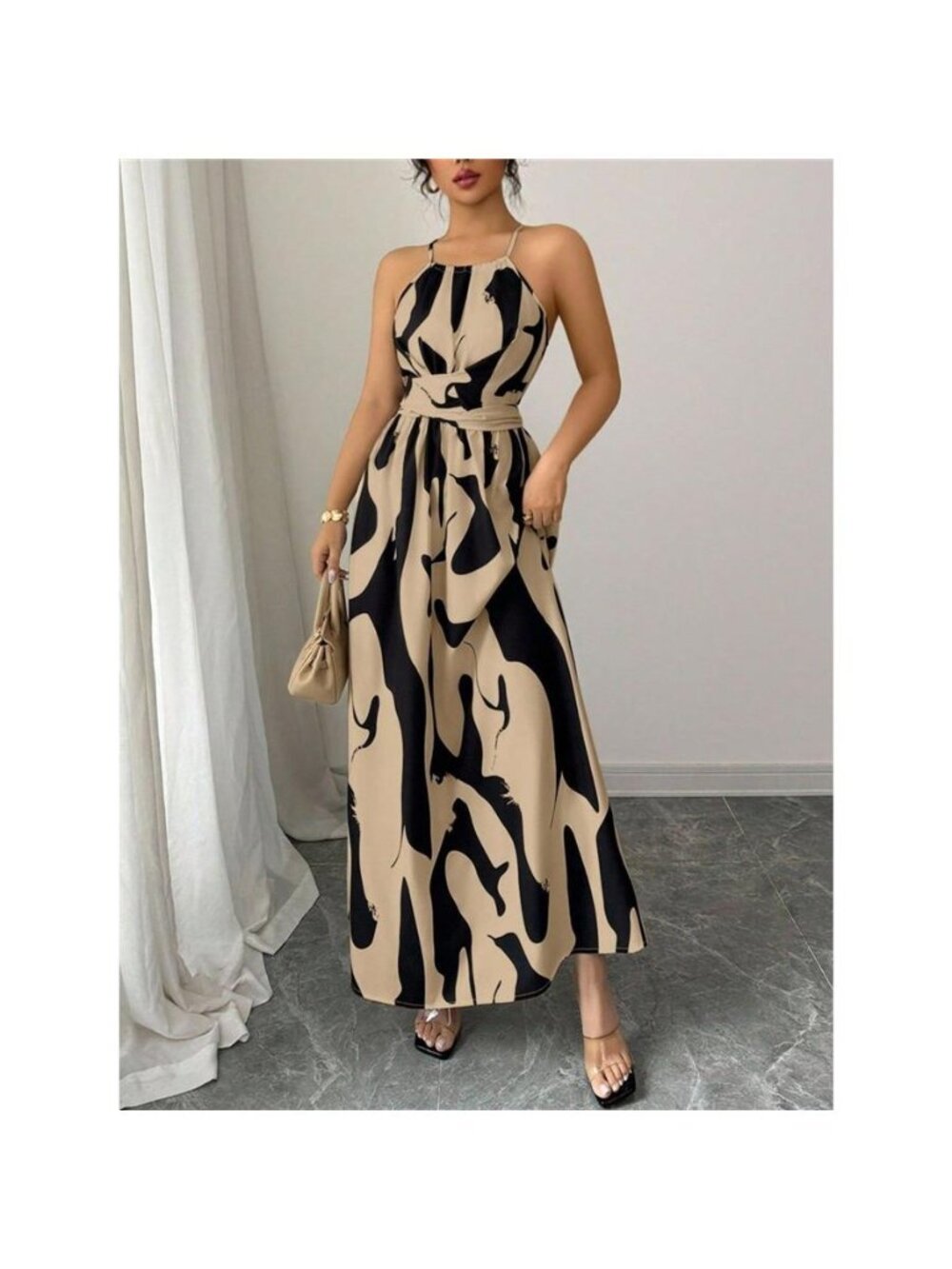 Abstract Print Halter Neck Maxi Dress